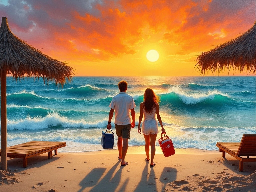 Couple Walking on Beach at Sunset with Coolers