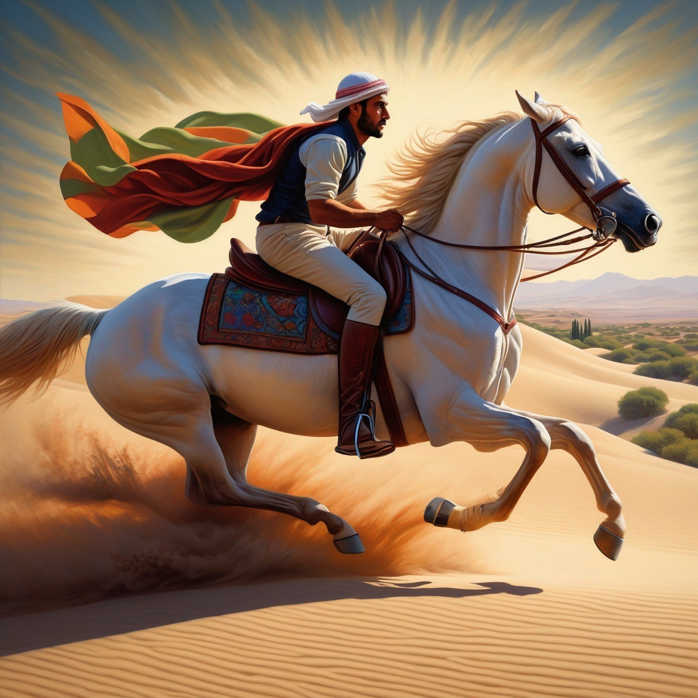 Horse Galloping Through Desert Dunes at Sunrise