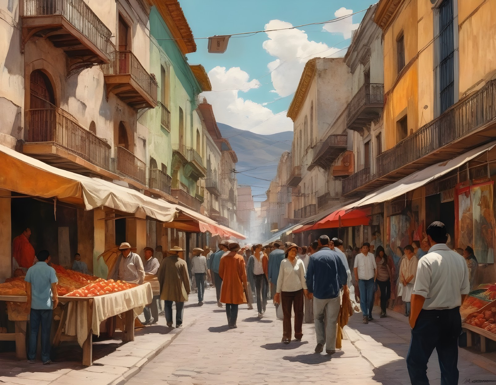 Bustling Market Street with Colorful Stalls and People