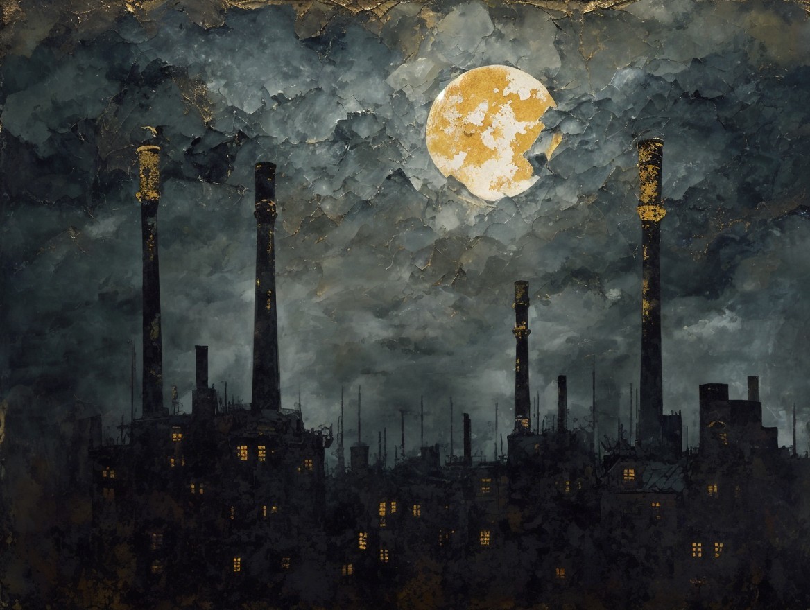 Silhouette of Industrial Buildings Under a Full Moon