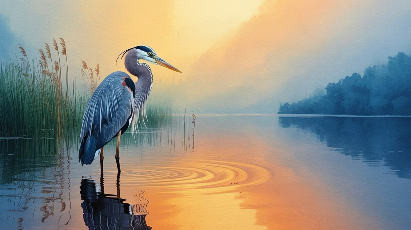 Heron by Calm Lake at Sunset with Warm Sky Hues