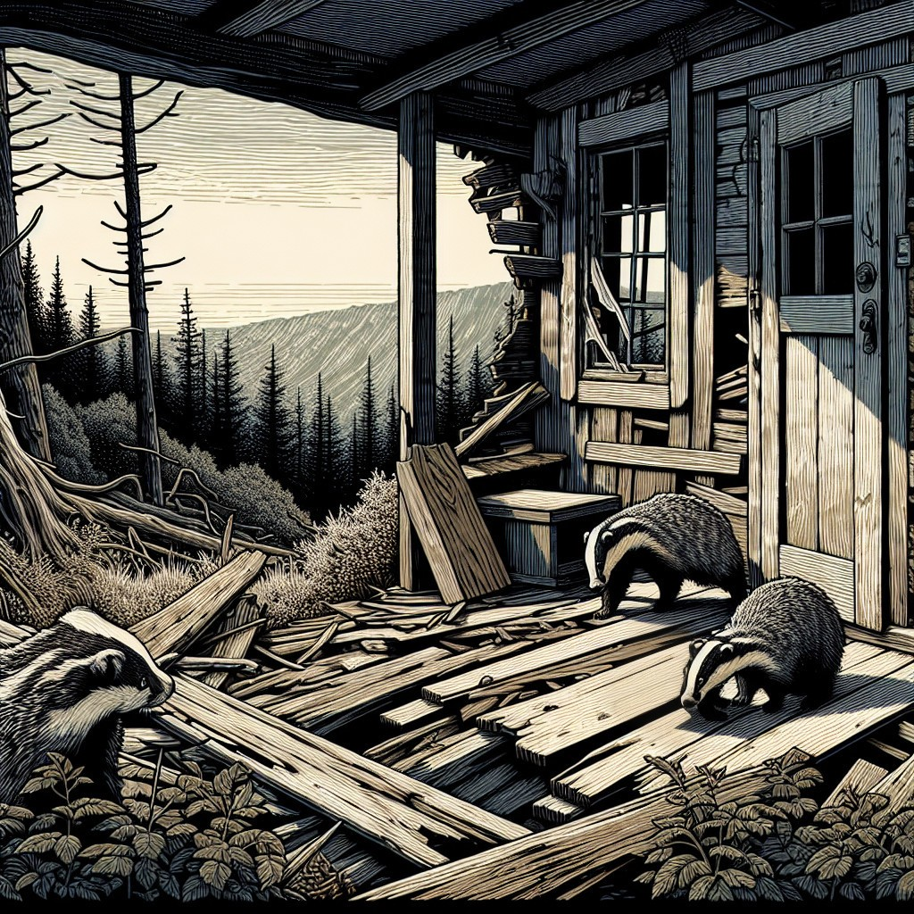 Badgers Exploring a Dilapidated Cabin in Nature