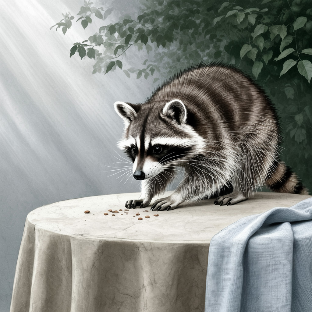 Raccoon Examining Food on Table in Natural Light