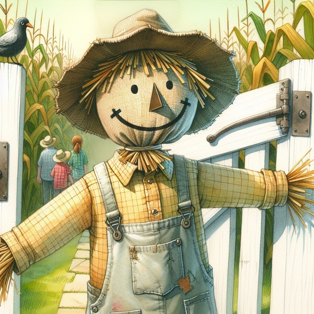 Cheerful Scarecrow at White Gate with Corn Stalks