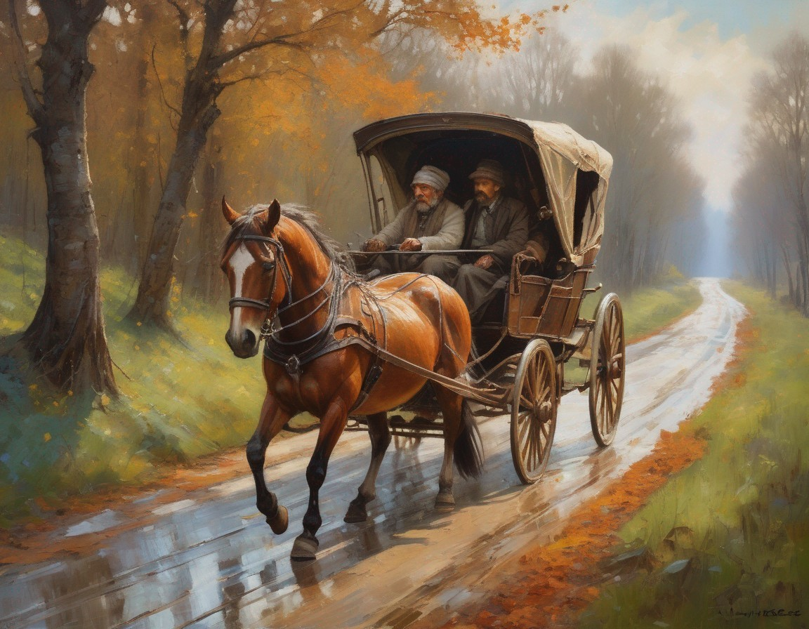 Autumn Scene with Horse-Drawn Carriage on Rustic Road