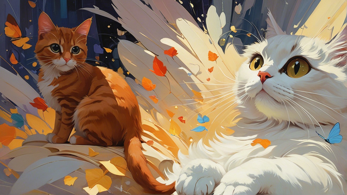 Charming Cats in a Whimsical Feather and Butterfly Scene