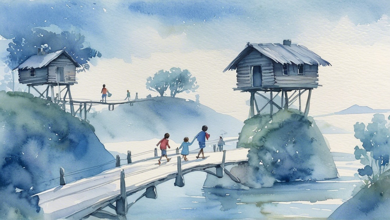 Watercolor Landscape of Children on a Wooden Bridge