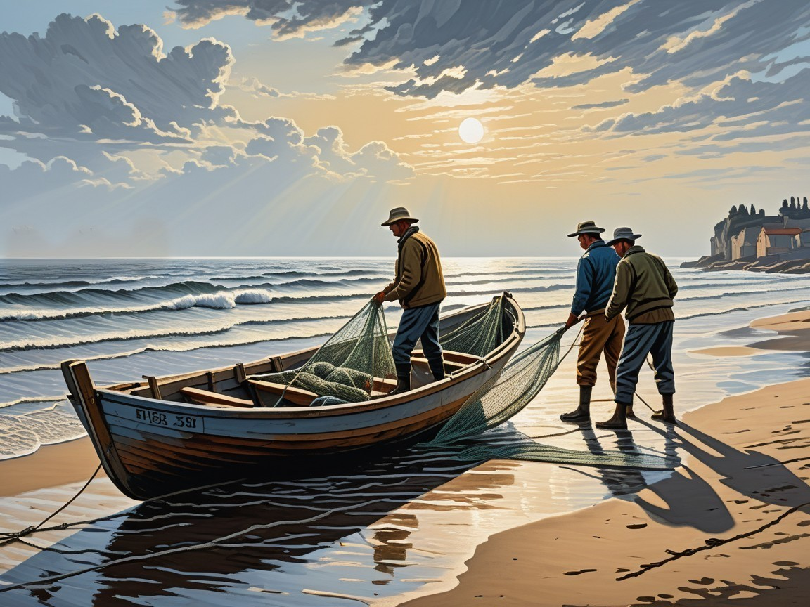 Fishermen Pulling Boat Ashore at Sunrise Beach Scene