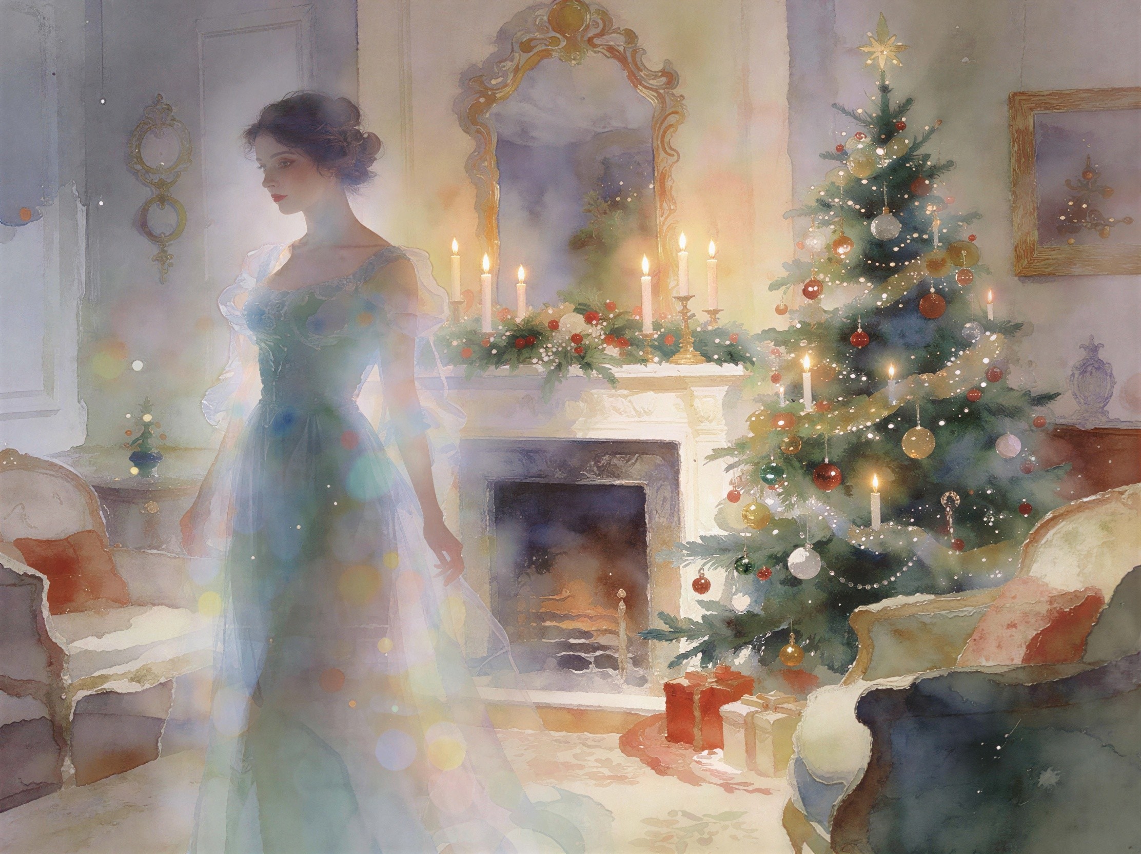 Watercolour Painting of Woman in Christmas Setting