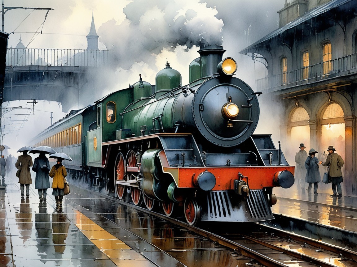 Vintage steam locomotive at a misty train station