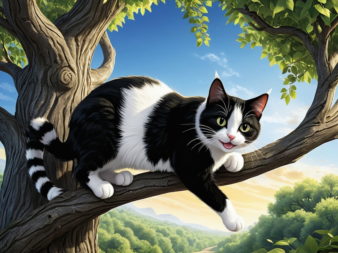 Playful Black and White Cat on a Branch in Nature