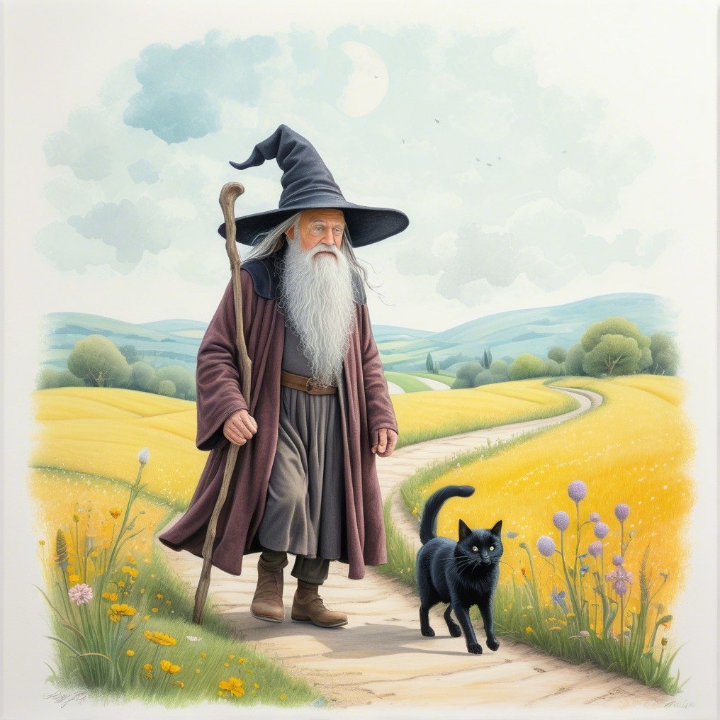 Wizard in Black Hat Walking with Cat in Serene Landscape