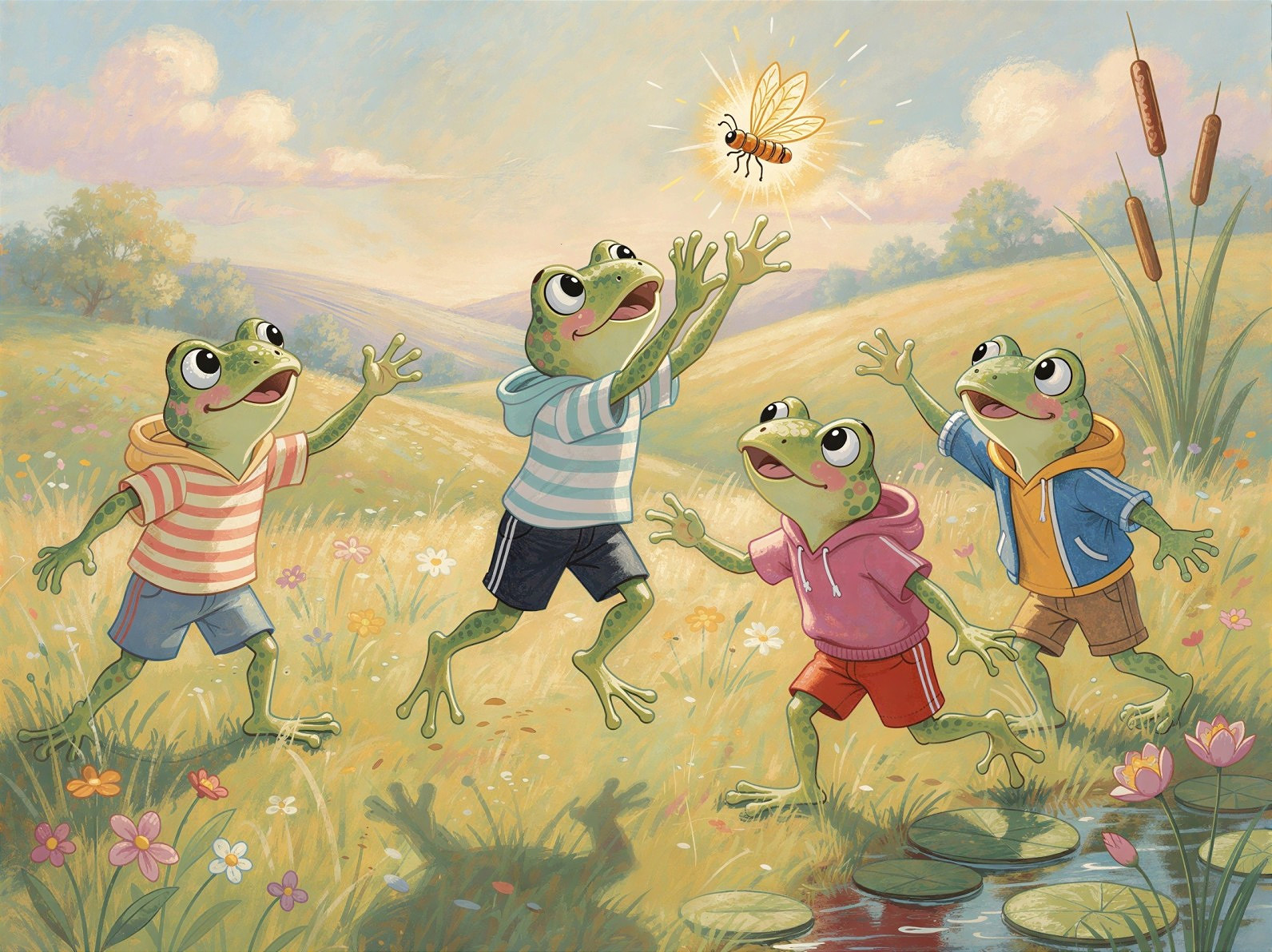 Whimsical Illustration of Frogs in a Meadow Scene