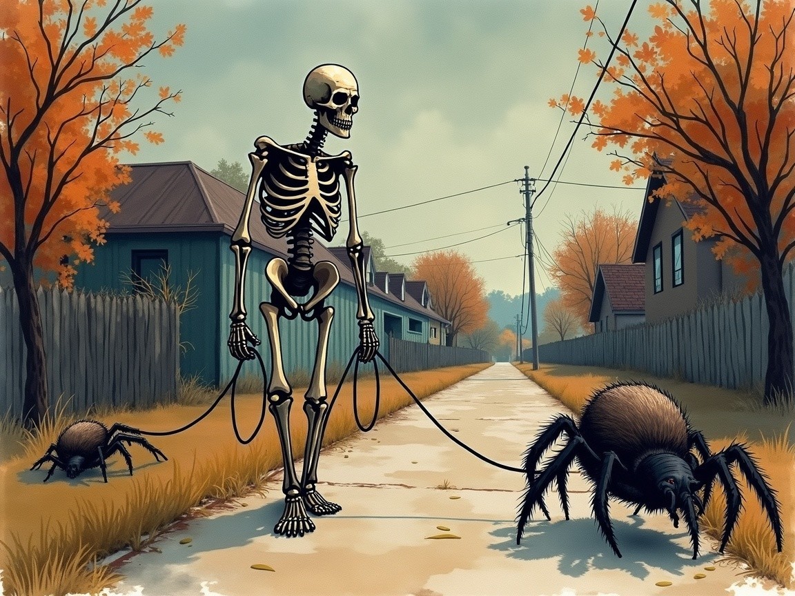 Skeleton Walking Two Spiders in Autumn Neighborhood