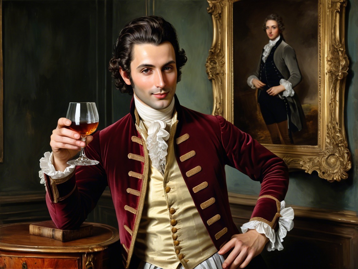 Regal Man in Maroon Velvet Coat with Brandy Glass