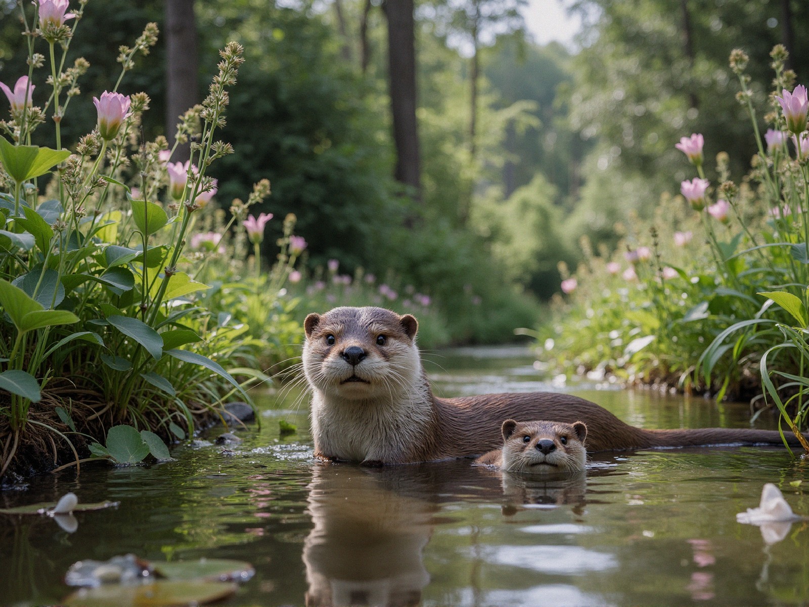 Serene Stream with Otters in Lush Forest Setting
