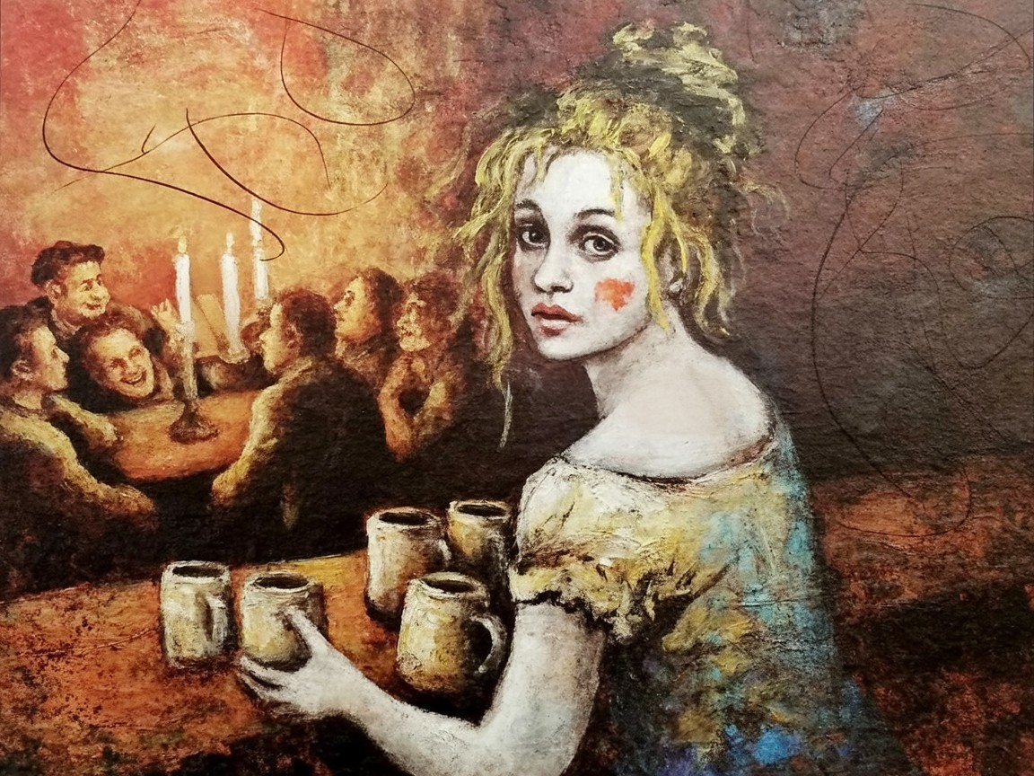 Artwork of a Young Woman in Candlelit Gathering