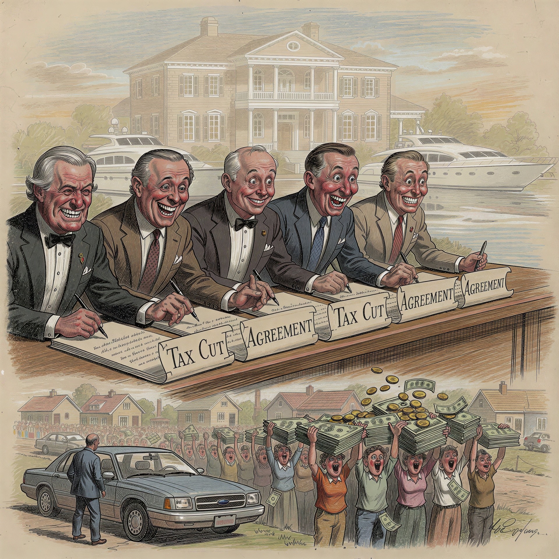 Political Caricature of Wealth and Tax Cuts Dynamics