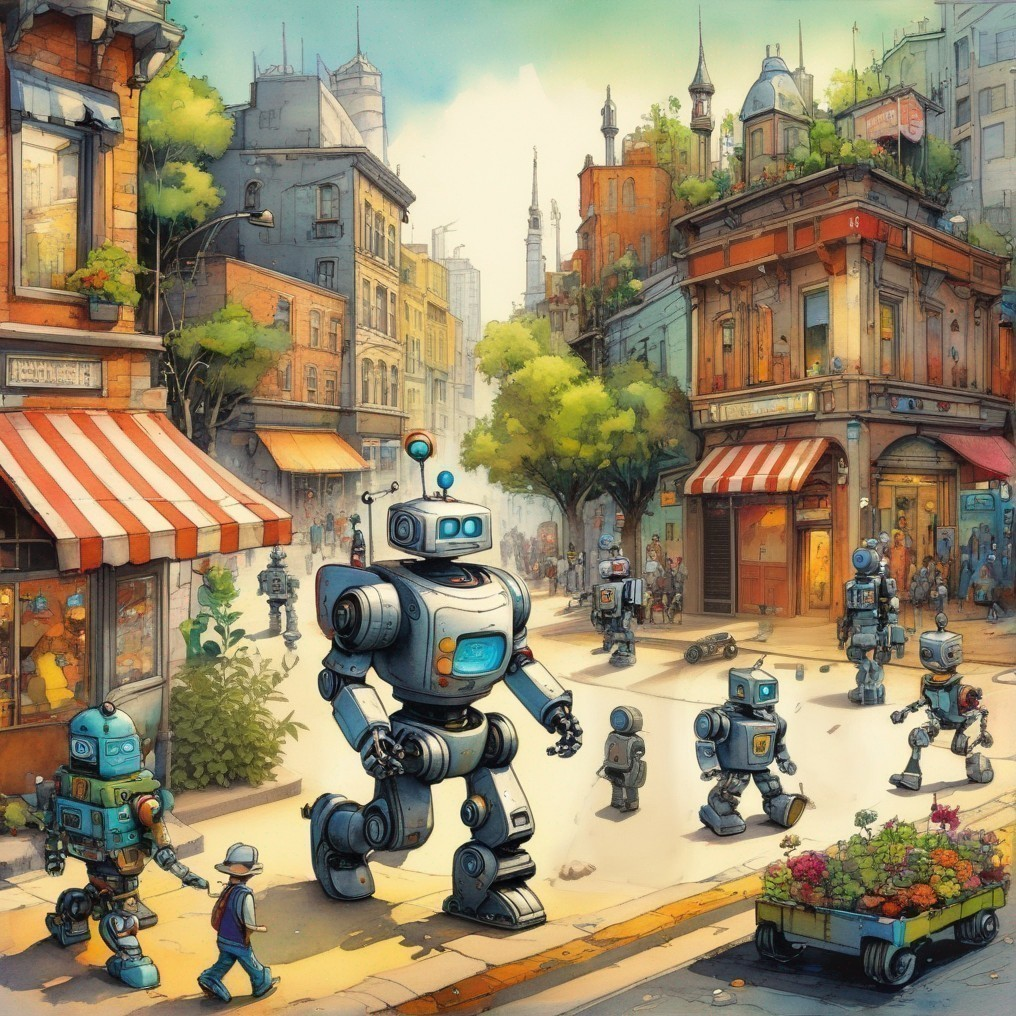 Futuristic City Street with Robots and Colorful Buildings