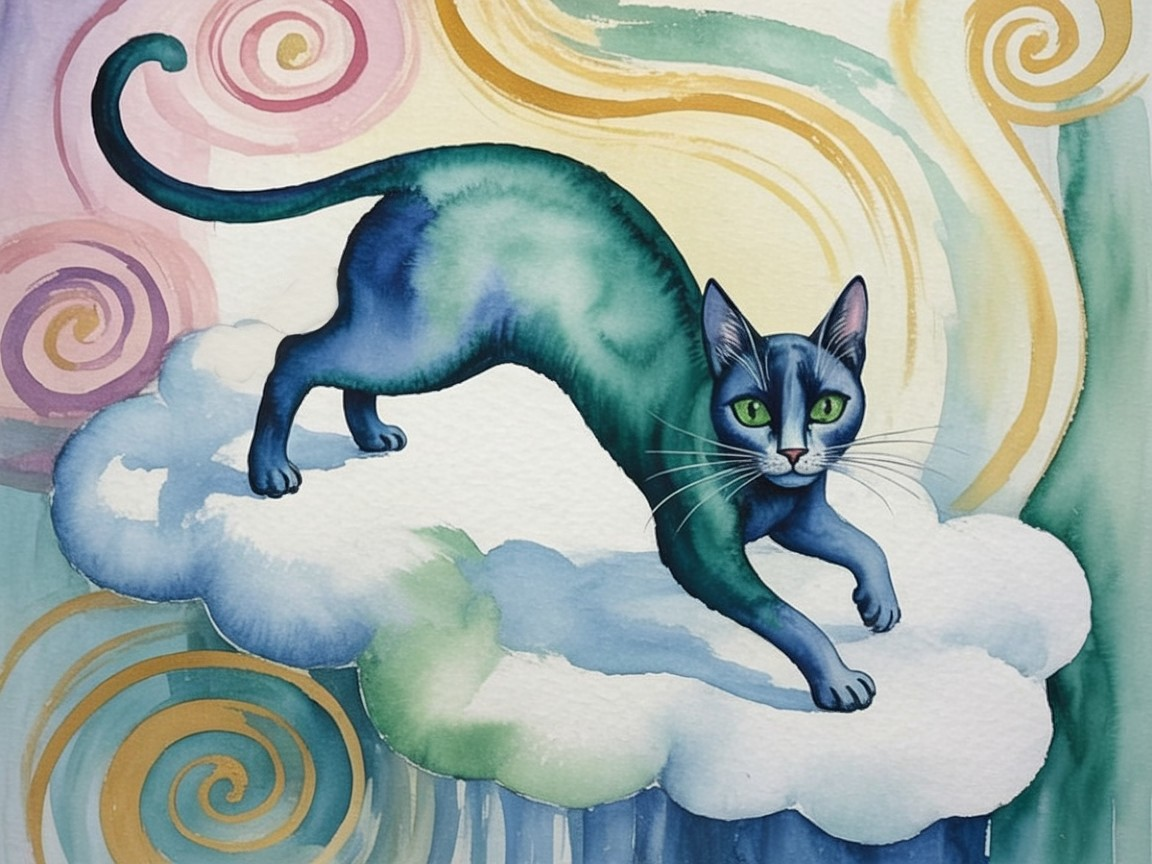 Whimsical Watercolor Cat on Fluffy Cloud Scene