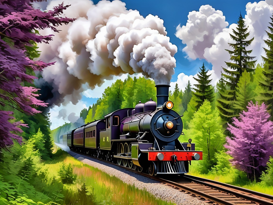 Vintage steam locomotive in a lush green forest