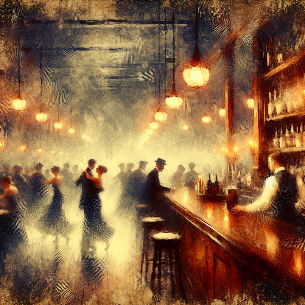 Vintage bar scene with dancing figures and warm lighting