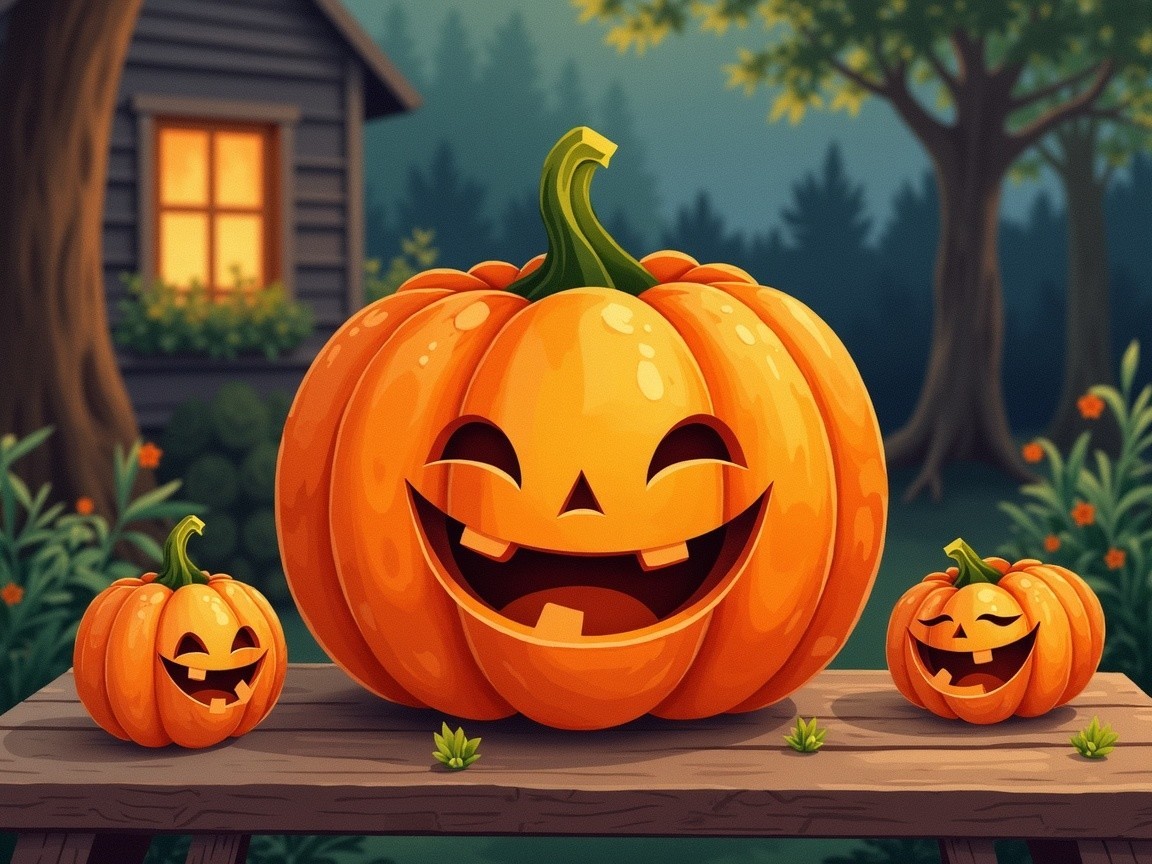 Whimsical Halloween Scene with Grinning Pumpkins