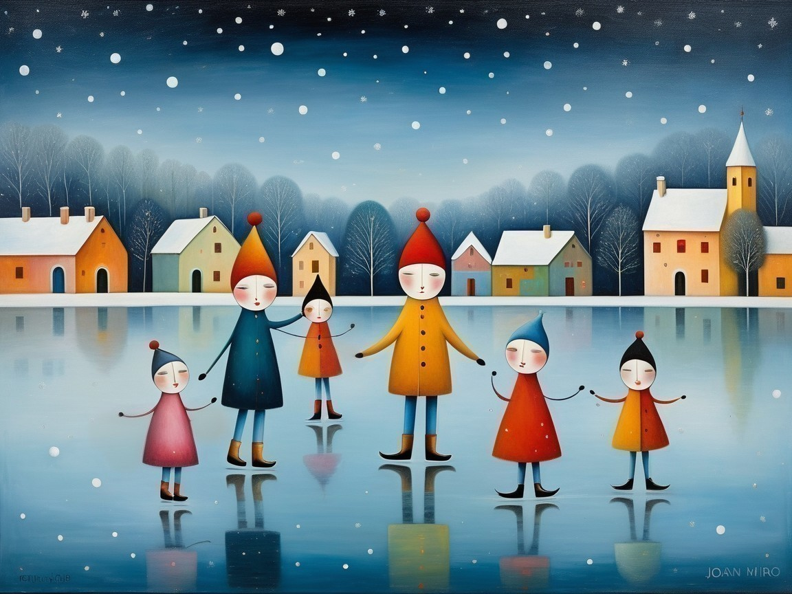 Charming Winter Landscape with Ice Skaters on Lake