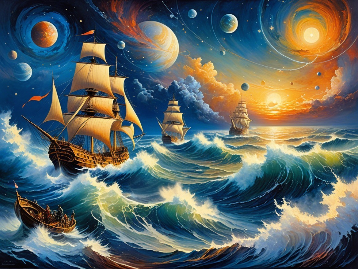 Sailing Ships Amidst Cosmic Sky and Turbulent Waves