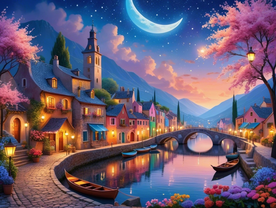Twilight Village with Colorful Houses and Cherry Blossoms