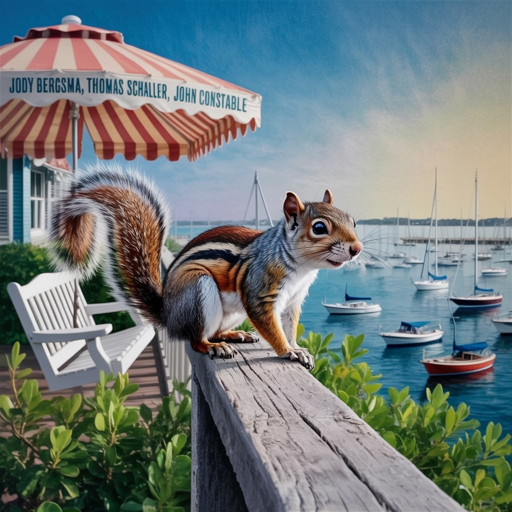 Squirrel on Railing Overlooking Scenic Harbor View