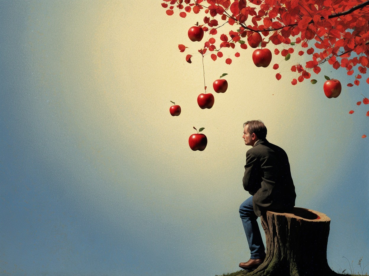 Contemplative Figure with Apples in Autumn Scene