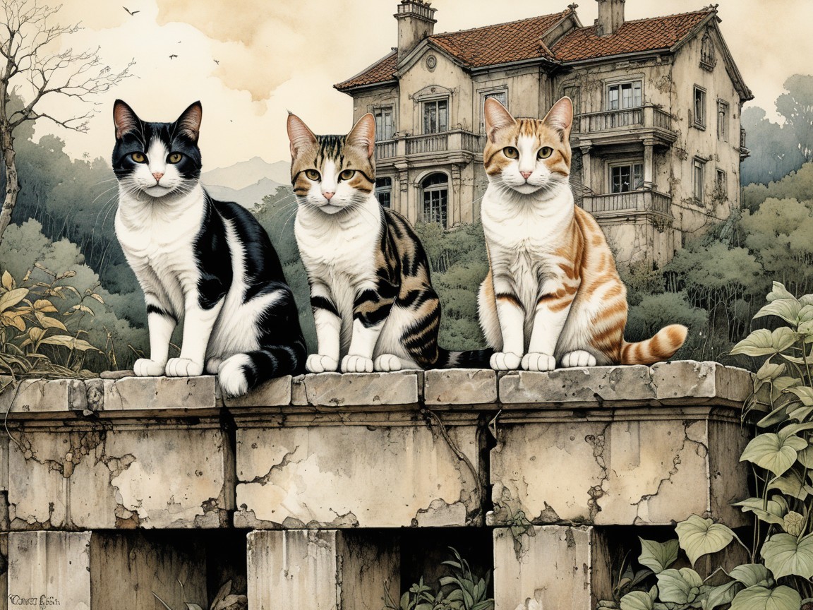 Three Cats on a Stone Wall by a Vintage House
