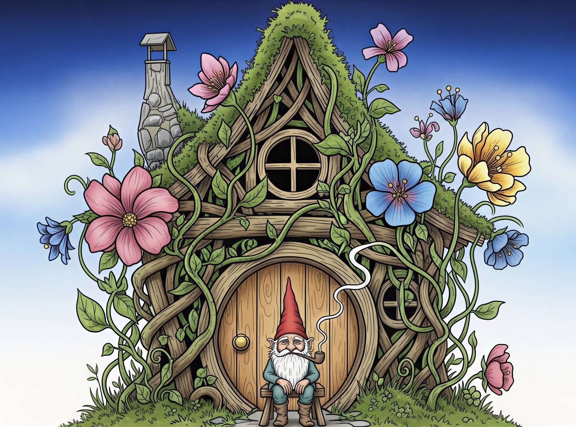 Whimsical Gnome House Illustration with Vibrant Flowers