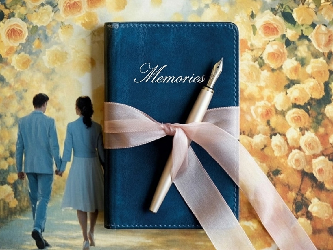 Blue Journal "Memories" on Floral Background