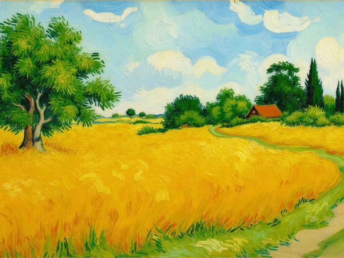 Vibrant Rural Landscape with Wheat Fields and Cottage