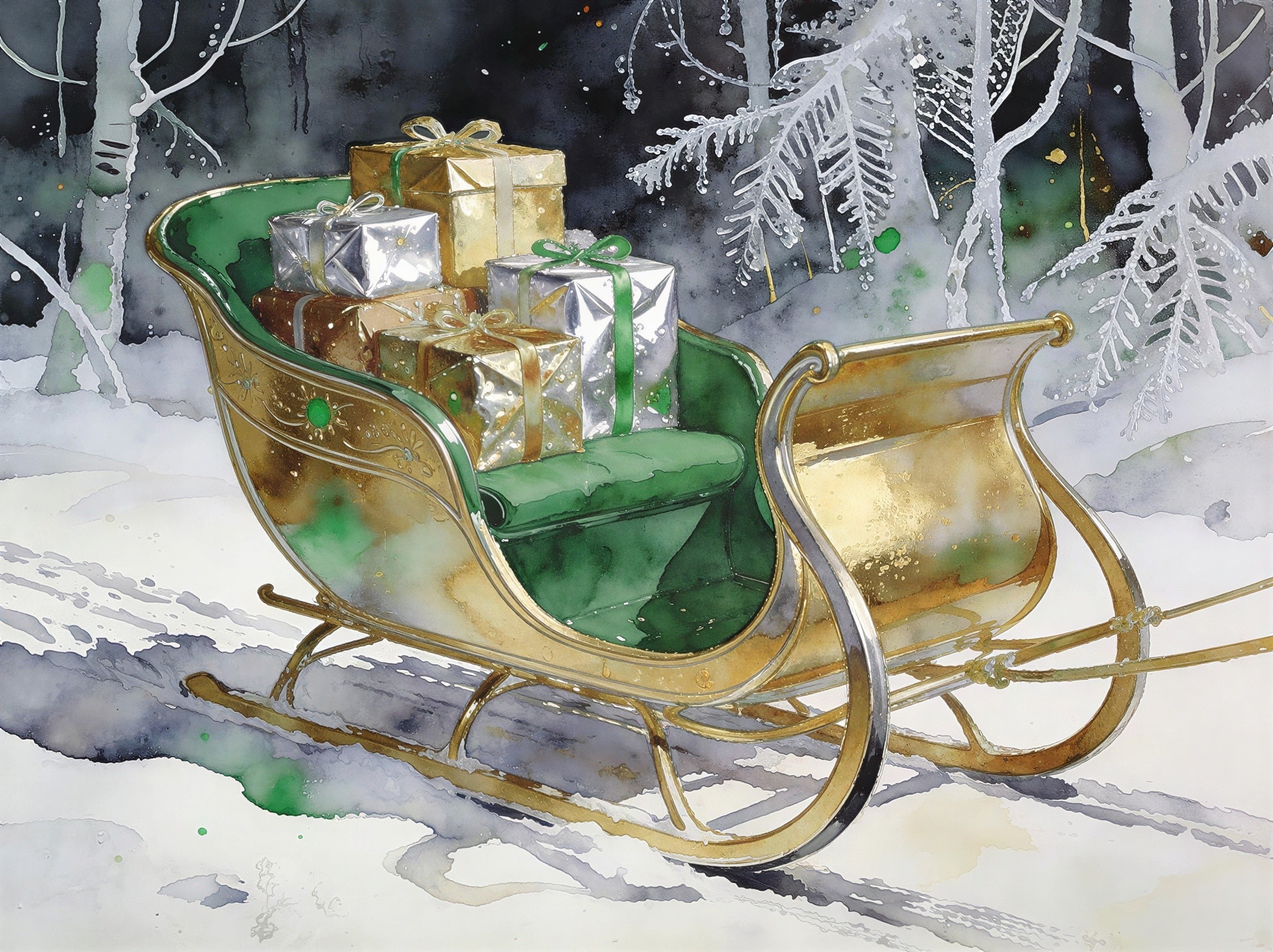Watercolor Painting of a Festive Golden Sleigh Scene