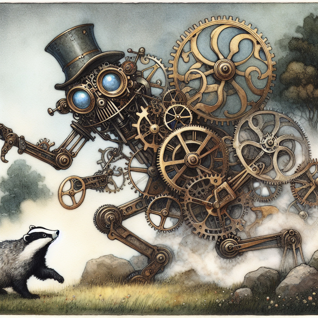Steampunk Robot and Badger in Serene Landscape