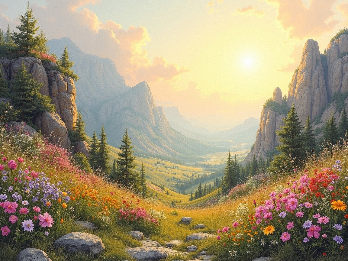 Golden Sunlit Valley Surrounded by Majestic Mountains