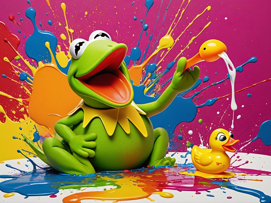 Cheerful Frog and Rubber Duck in Colorful Art Scene