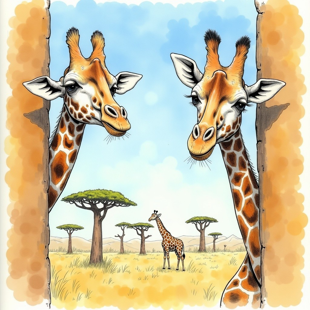 Giraffes Observing Savanna Landscape with Acacia Trees