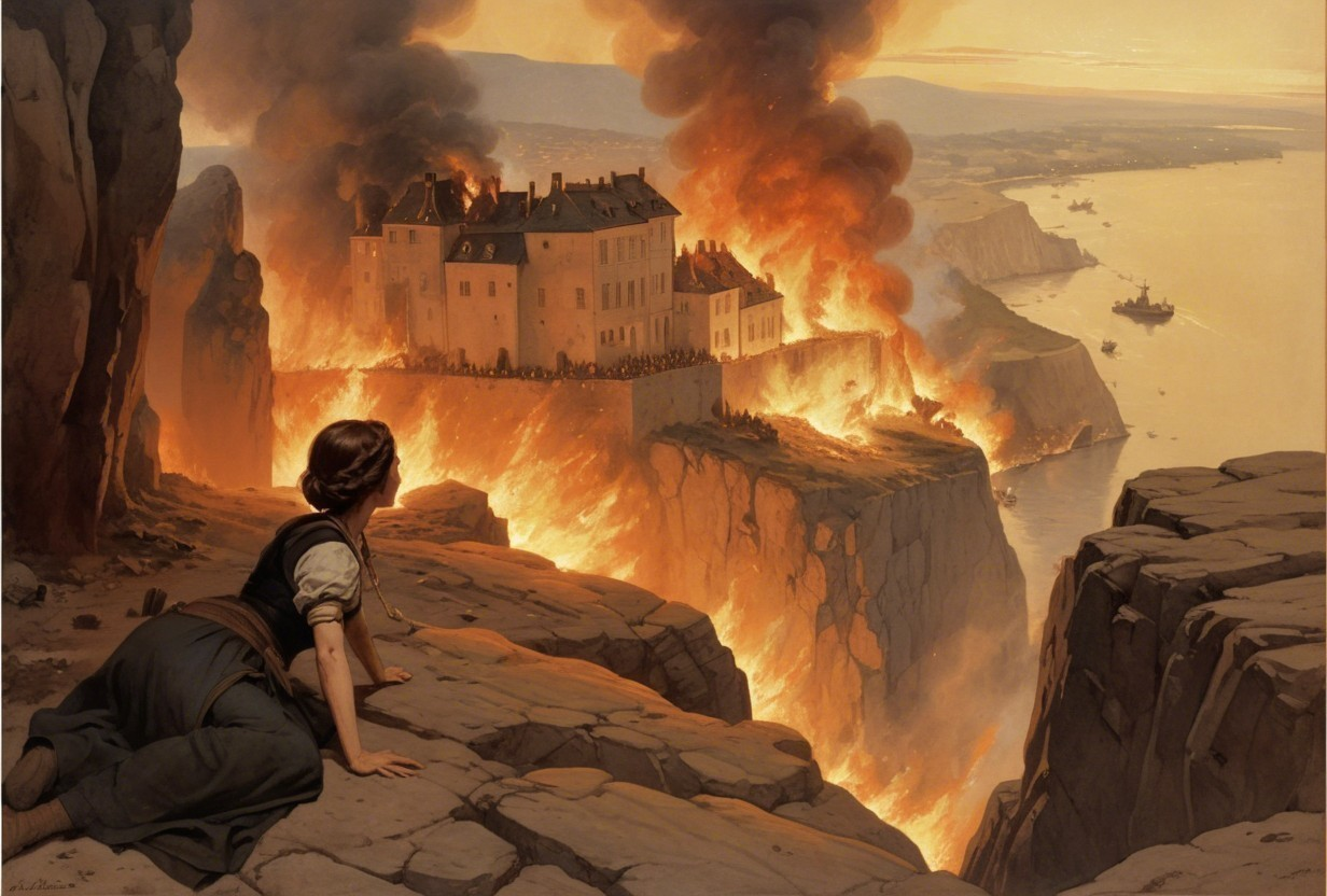 Young Woman Observes Castle Burning on Cliffside