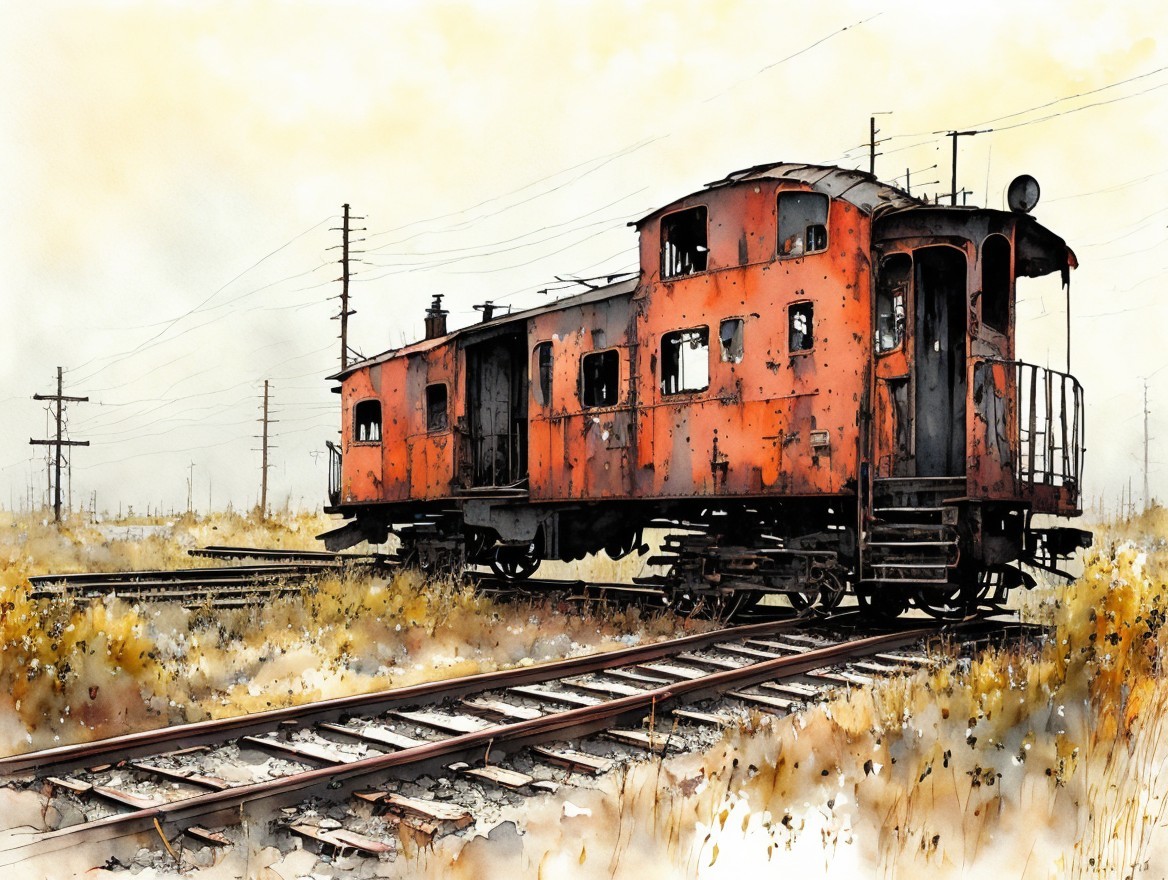 Abandoned Rusty Orange Train Caboose on Weathered Tracks
