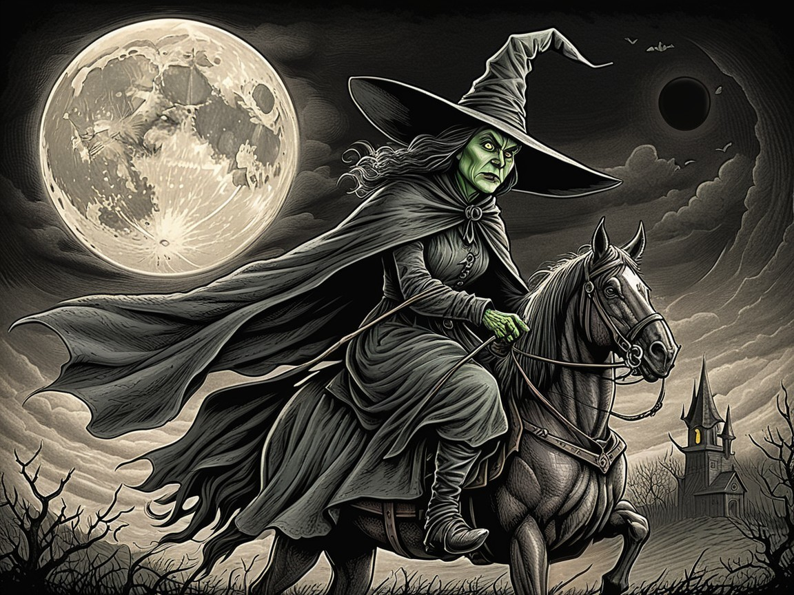 Witch on Dark Horse Under Full Moon with Haunted House