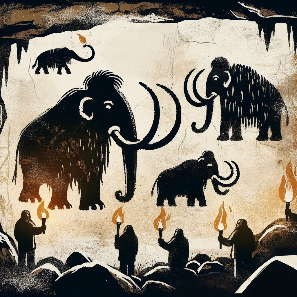 Ancient Cave Painting of Mammoths and Human Figures