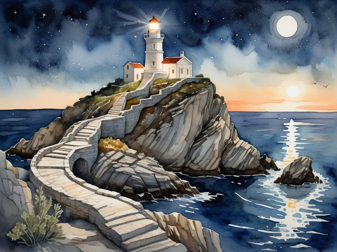 Watercolor Lighthouse Scene with Twilight Sky