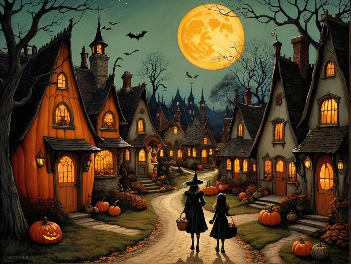 Whimsical Halloween Village Under Full Moon Glow