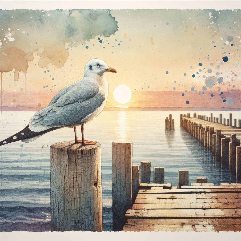 Watercolor of Seagull at Sunset on Wooden Post