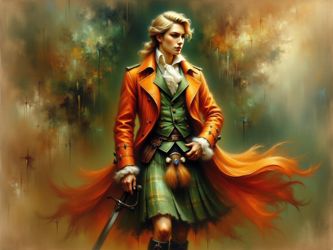 Regal figure in vibrant orange coat and plaid kilt