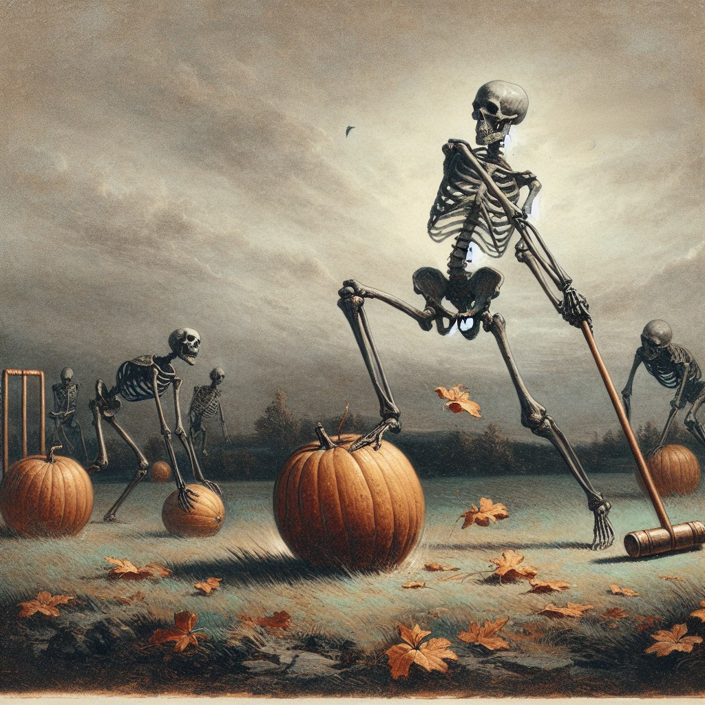 Skeletal Figures Playing Croquet in Autumn Setting